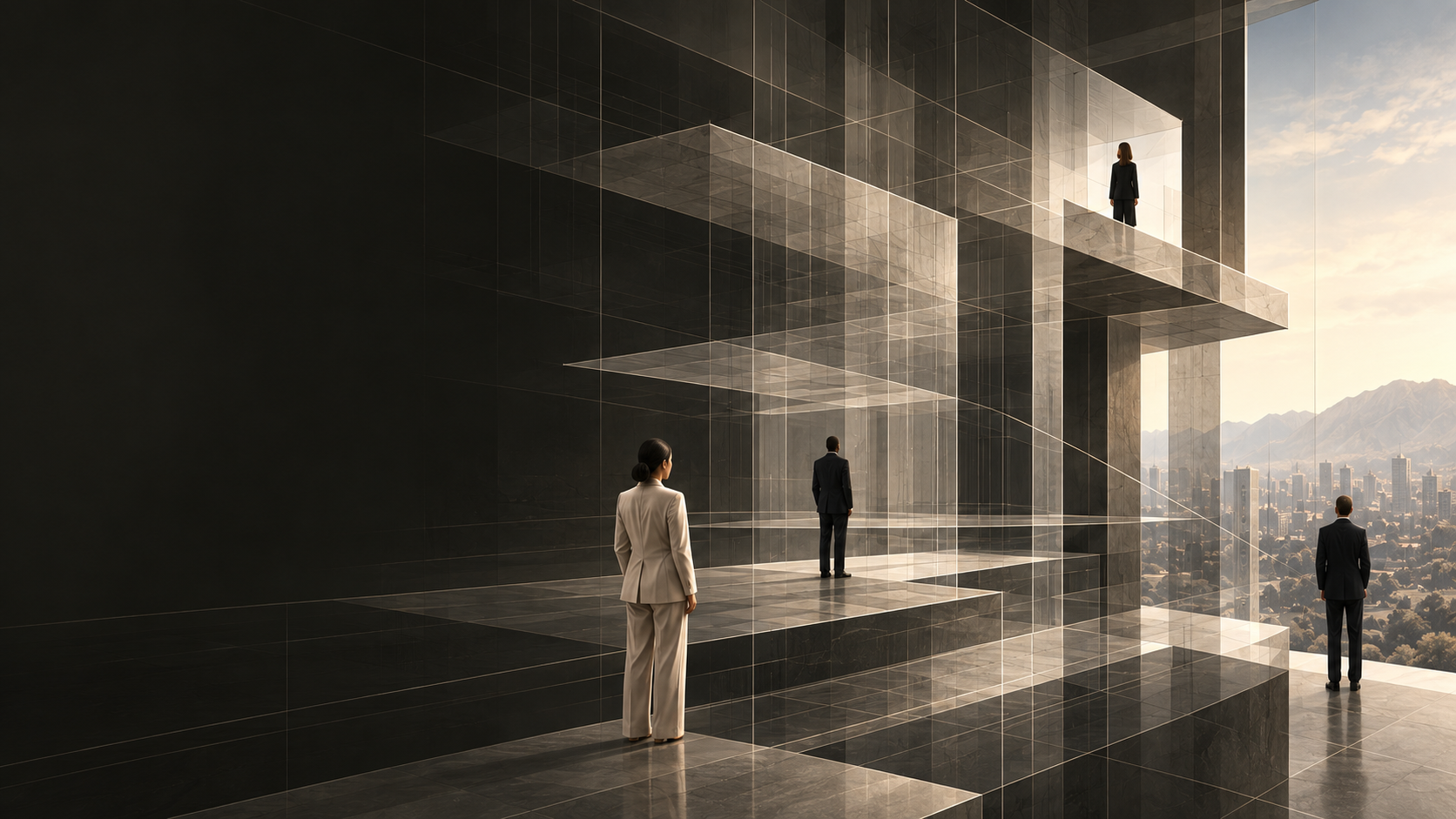 Four professionals stand at different levels inside a monumental dark architectural system of transparent rooms, intersecting platforms, and fine structural lines, with warm daylight opening toward a distant city and mountain landscape.