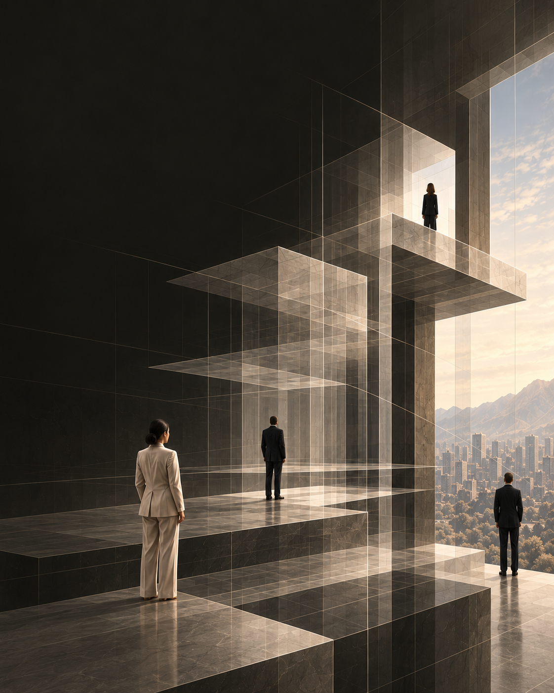 Four professionals occupy different levels of a tall, transparent architectural system, moving from a dark interior toward warm daylight over a distant city and mountain landscape.